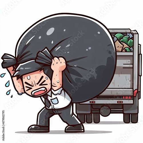 A cartoon worker lifts a hefty trash bag, sweat beading his brow, by a garbage truck. His face shows the effort. photo