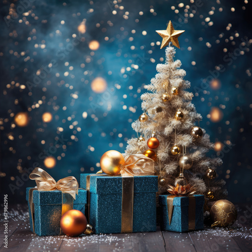 Christmas style Product podium scene with flying falling white gift box with gold bow. Merry Christmas and New Year festive banner design, greeting card. AI technology.