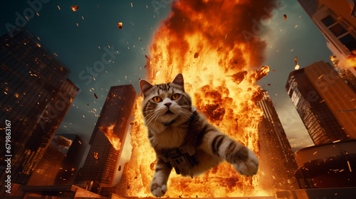 cat wearing futuristic agen uniforms, gun on hand, jumping trough the sky. generative ai photo