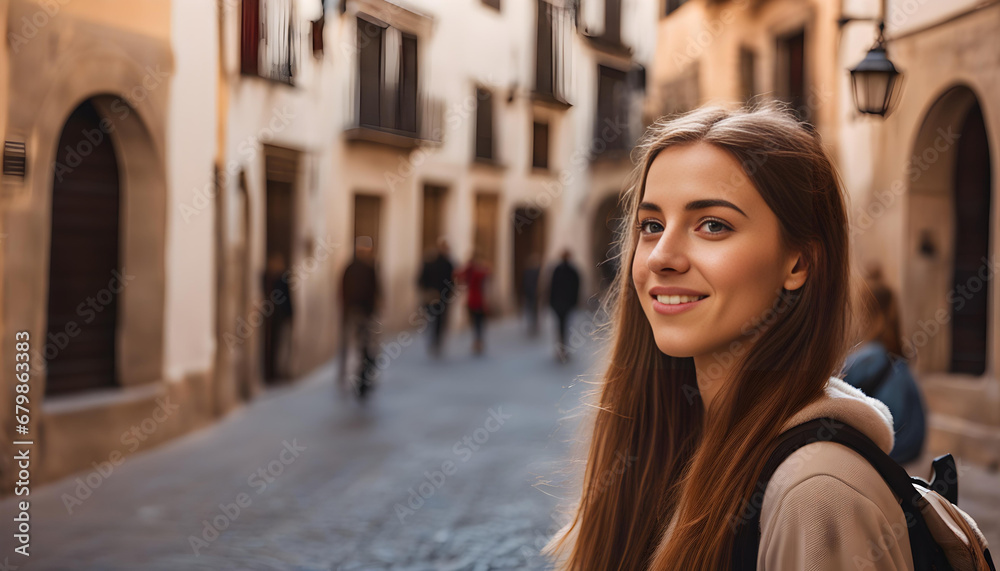 Traveller girl in the street of the old town in Spain