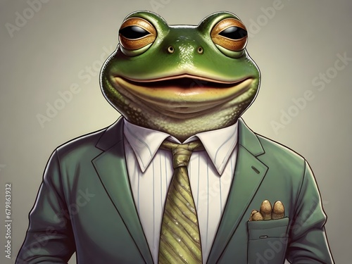 Mr. Frog wearing sunglasses and dressed in shirt and tie, smiling, meme, humorous