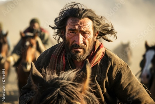 Man Riding on Back of Brown Horse Engaged in Buzkashi Game Generative AI
