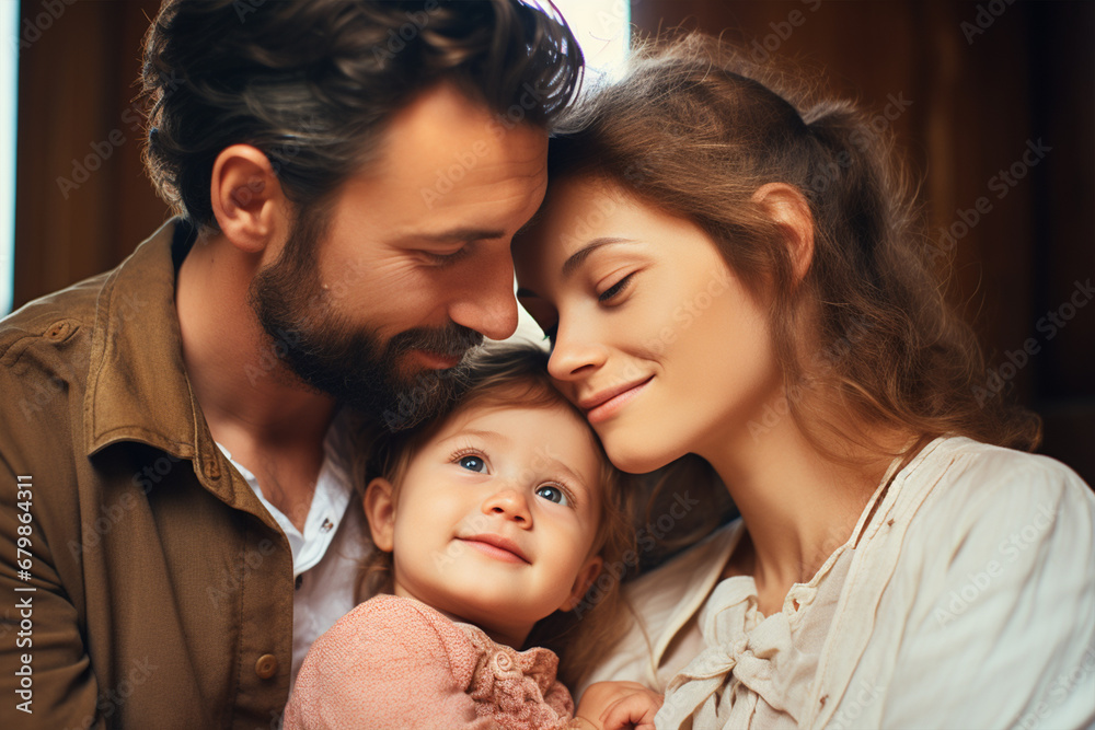 Glückliche Eltern Mama und Papa mit ihrem Baby (Durch AI generiert) - obrazy, fototapety, plakaty 