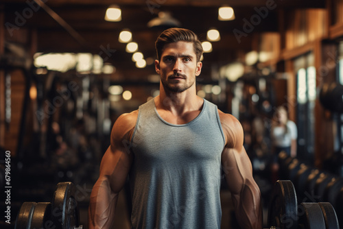 Durchtrainierter Mann mit vielen Muskeln im Fitnessstudio (Durch AI generiert) photo