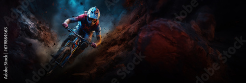 image of a mountain biker riding a mountain bike, portraits with soft lighting dynamics and movement. Black space for text © Kordiush
