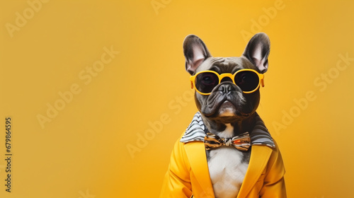 Cool looking French bulldog dog wearing funky fashion dress tie and glasses. generative ai