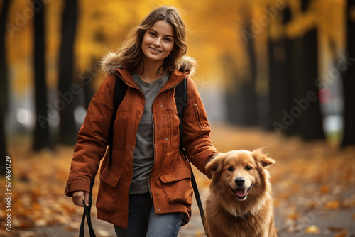 Hübsche junge brünette Frau geht mit ihrem Hund spazieren (Durch AI generiert)  photo