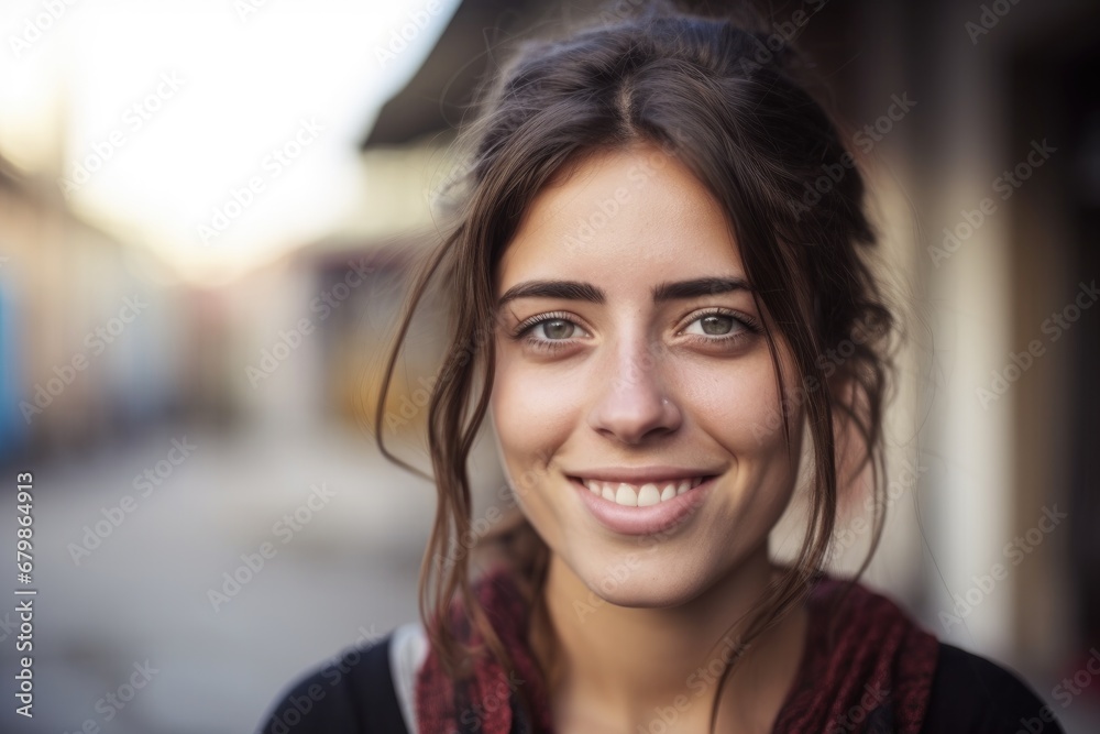 Smiling young brunette posing at a beautiful city looking at the camera