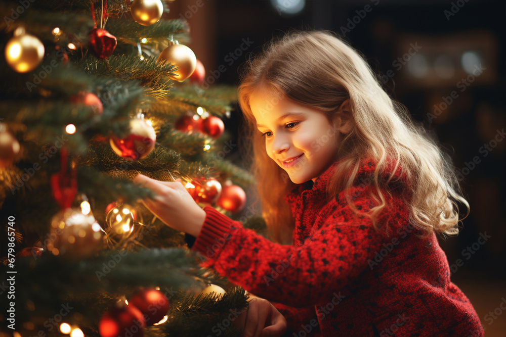 Kind beim Schmücken des Weihnachtsbaums mit Christbaumkugeln (Durch AI generiert) Kind beim Schmücken des Weihnachtsbaums mit Christbaumkugeln (Durch AI generiert)