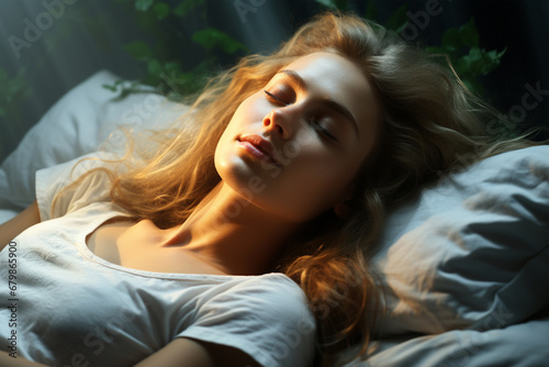 Schlafende hübsche junge brünette blonde Frau im Bett (Durch AI generiert)