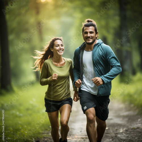 Mann und Frau zusammen am Joggen in der Natur (Durch AI generiert)
