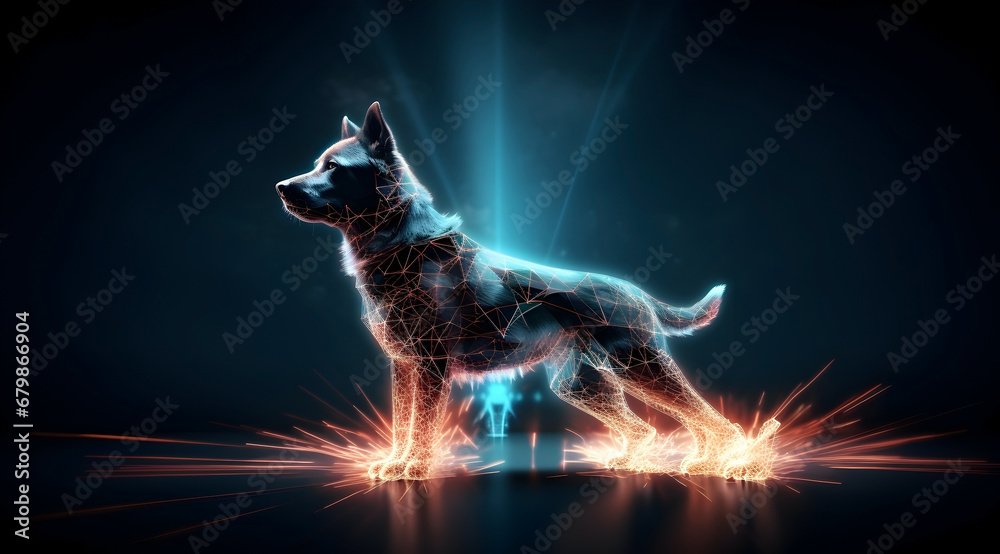 A  german shepherd dog outlined with bright, blue digital light.
