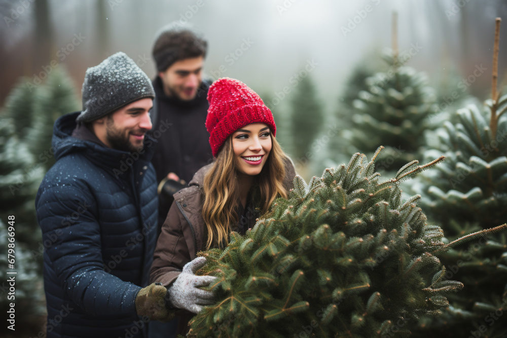 Junges Pärchen mann und Frau kaufen einen Weihnachtsbaum (Durch AI generiert) Junges Pärchen mann und Frau kaufen einen Weihnachtsbaum (Durch AI generiert)