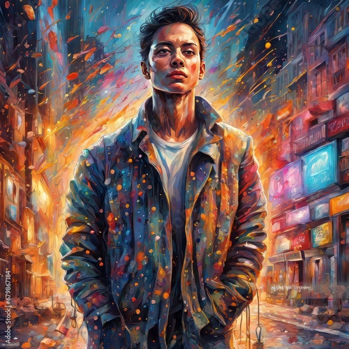 young man in a black shirt and jeans jacket with a backpack on the background. art painting pai