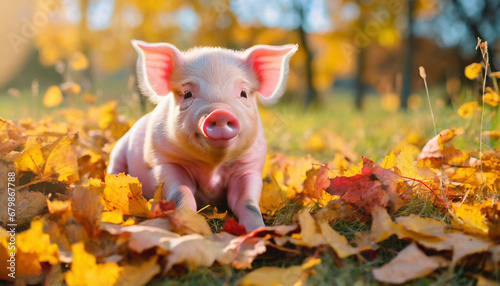 Lindo y tierno cerdito bebe rosa mirando a la cámara en un atardecer en otoño con hojas otoñales en el suelo