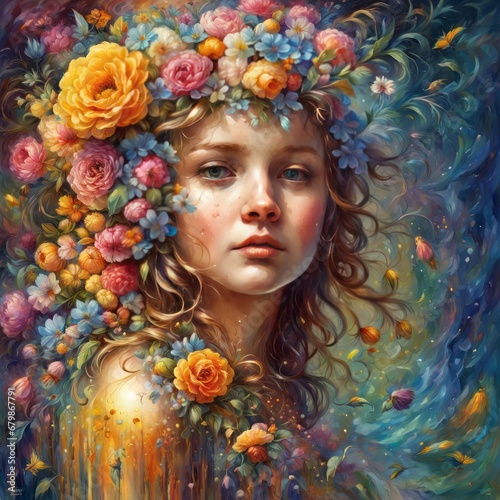 a beautiful young woman in an abstract flower dress. digital art, 3d illustrations beautiful yo