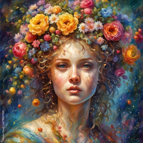 a beautiful woman in a wreath of flowers, illustration, digital painting beautiful woman in a w