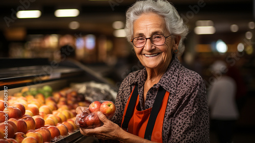 Older lady working happily in a greengrocer. Grandmother working selling apples in a store. Active retiree performing sales tasks. Active and vital woman. Concept of active old age, vitality, happin photo