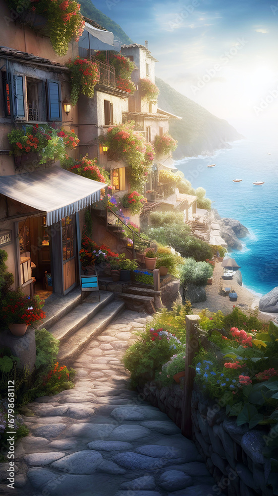 Obraz premium Beautiful Ancient Greek coastal Fantas Town, Generative AI