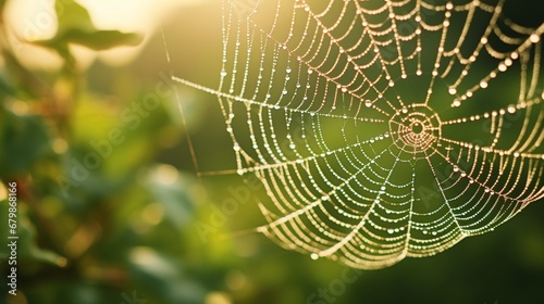 A close-up of a dew-covered spider web glistening in the early morning sunlight, showcasing intricate patterns against a blurred green background.