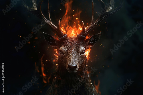 fullviewevil deer from hellred eyesantlers and fur on fire  Generative AI