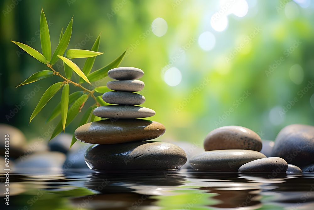 a stack or pyramid of stones, bamboo stalks near the water. a balancing pebble stone. the concept of relaxation. a stack or pyramid of stones, bamboo stalks near the water. a balancing pebble stone. the concept of relaxation.