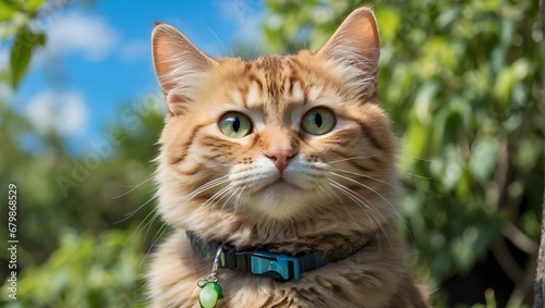 Gato rayado de ojos verdes sentado en un verde prado con pasto largo al atardecer photo