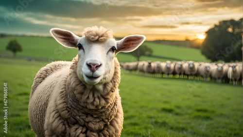 linda oveja con mucha lana en un prado verde sonriendo feliz mirando a la camara al aire libre, atardecer photo