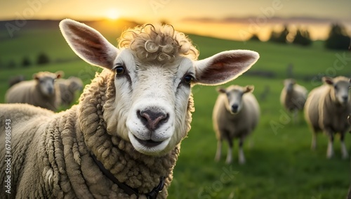 linda oveja con mucha lana en un prado verde sonriendo feliz mirando a la camara al aire libre, atardecer photo