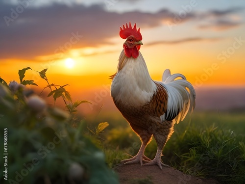 gallo blanco con café de cresta roja y cola negra en un prado verde al aire libre al atardecer, en una granja
