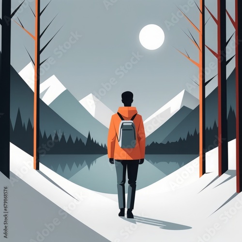 man hiking with backpack and mountain in forestman hiking with backpack and mountain in forest photo