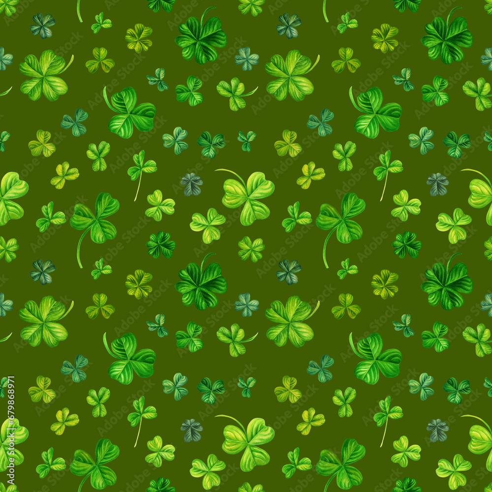 Watercolor seamless pattern with magic trefoil and four-leaf clovers. Illustrations with  natural texture in vintage style isolated on white background