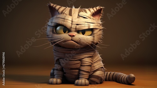 Sad cartoon mummy cat 3d illustration.