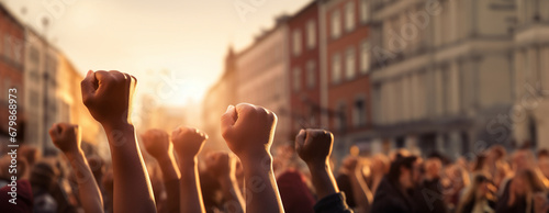People with their fists raised in protest against the background of the city streets photo