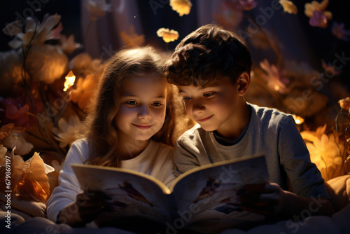 Children Immersed in Books by Lamplight Under the Night Sky