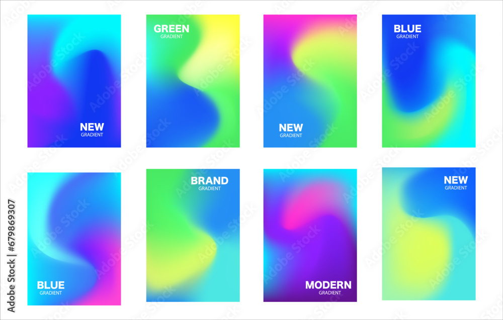 Rainbow Fluid gradient posters in Minimal style with text. Green and blue waves abstract