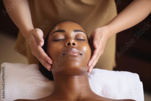 Attractive young woman receiving facial massage at spa photo