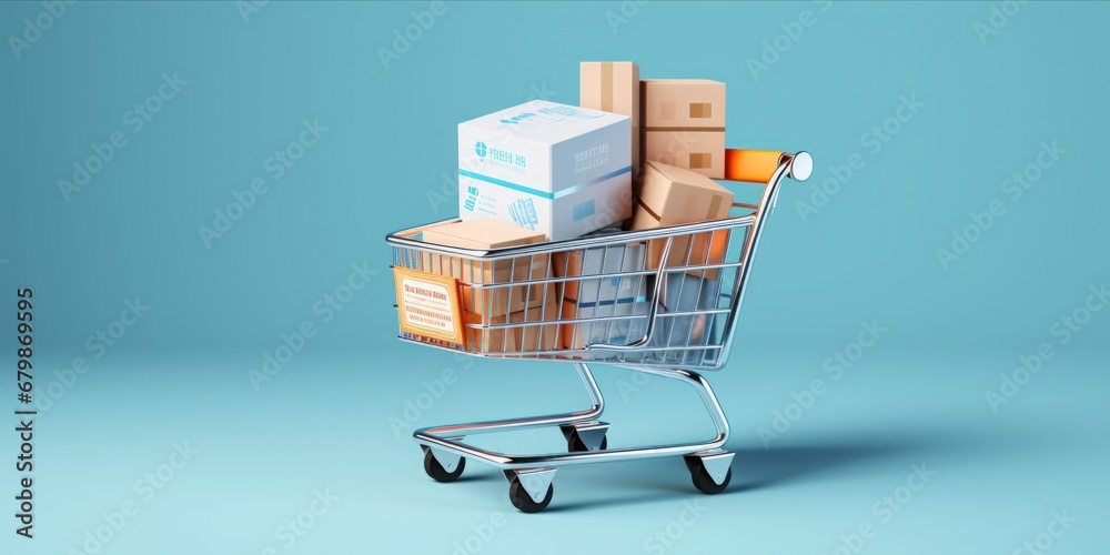 3D Shopping Cart Laden with Packages Stands Boldly Against a Light Blue Background, Symbolizing the Effortless Experience of Online Shopping 3D Shopping Cart Laden with Packages Stands Boldly Against a Light Blue Background, Symbolizing the Effortless Experience of Online Shopping