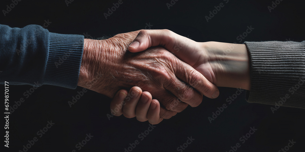 An old, wrinkled hand shaking hands with a young one. Help and care sign