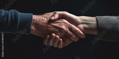 Obraz na płótnie An old, wrinkled hand shaking hands with a young one. Help and care sign w salonie