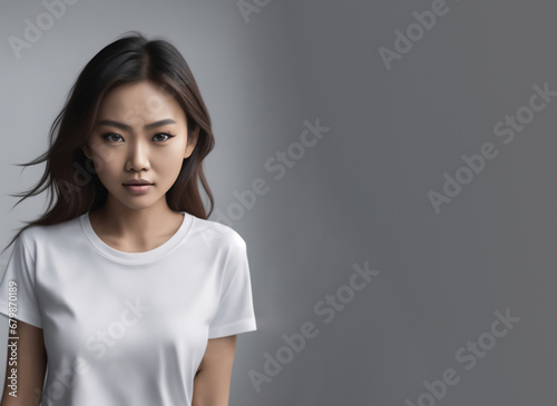 Young beautiful asian woman with white mock up t-shirt. Copy space