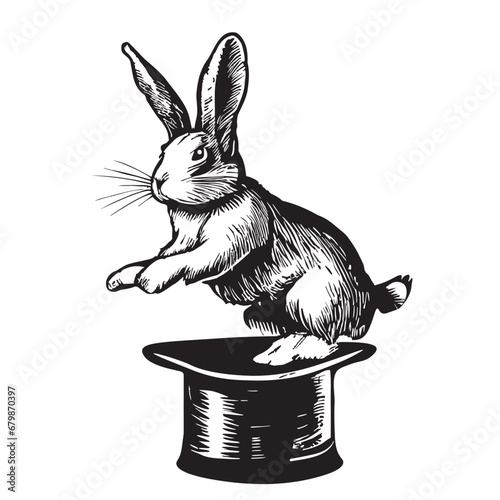 Rabbit jumping out of magician hat hand drawn sketch Vector illustration