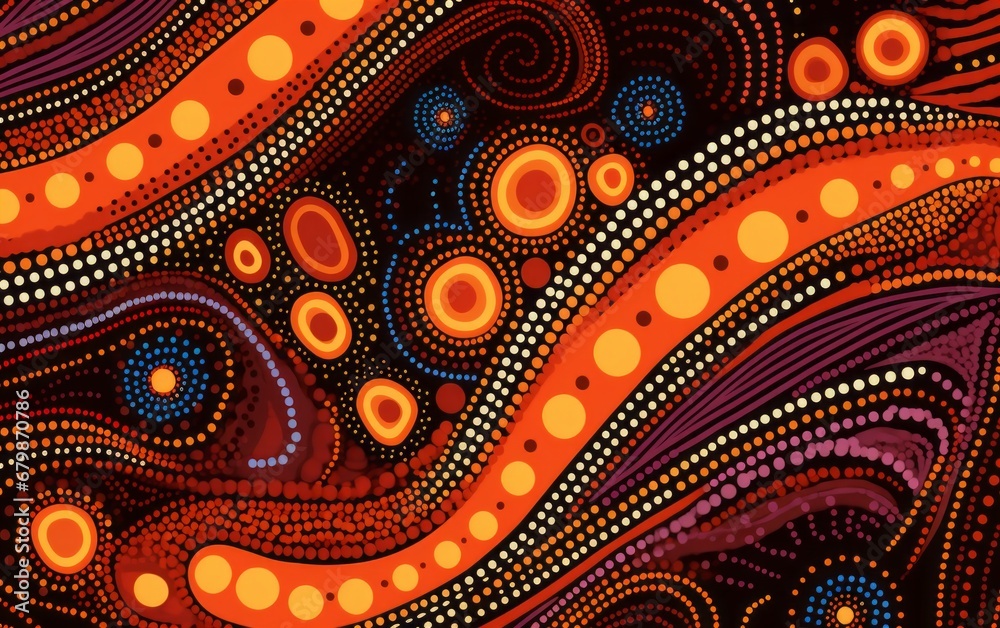 Vibrant Aboriginal Dot Painting with Spirals and Waves in Warm Tones Vibrant Aboriginal Dot Painting with Spirals and Waves in Warm Tones