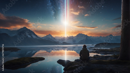 A visually captivating scene portraying an explorer s reflective visor mirroring an ethereal celestial event  showcasing a freeze-frame moment amidst an otherworldly glow.