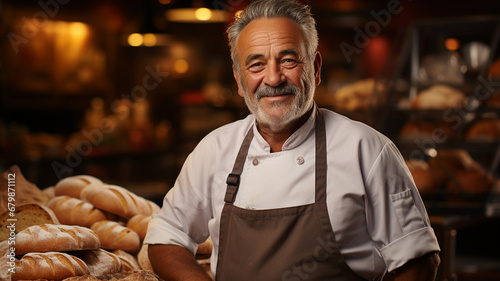 smiling senior male in apron standing near oven in bakery