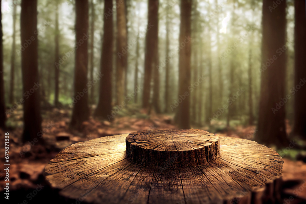 Wooden round pedestal in the green forest 3d illustration, scenery of empty product podium in natural environment, green trees around, mystical mood