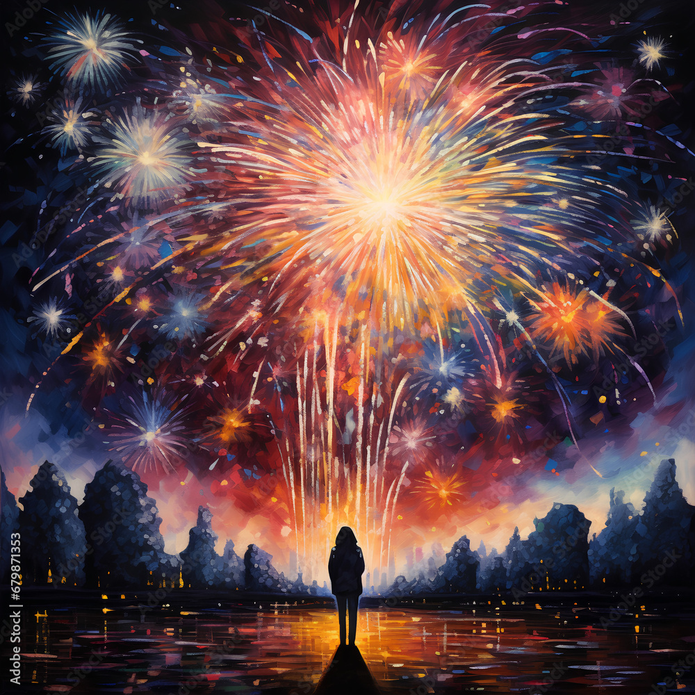 Fireworks Painting Tree Line Background Wallpaper 4th Fourth of July New Year Generative AI Fireworks Painting Tree Line Background Wallpaper 4th Fourth of July New Year Generative AI