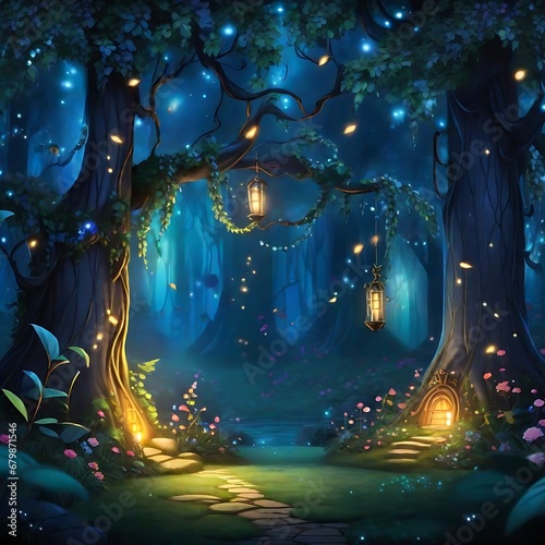 Craft a fairy tale-inspired comic backdrop featuring an enchanted forest with talking trees and glowing fireflies Generated By Ai