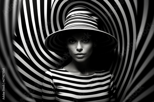Beautiful portrait of a stylish woman in a striped hat, hairstyles on a striped volumetric background, black and white image
