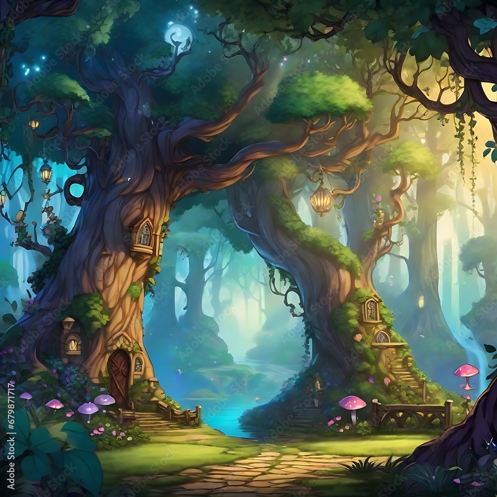 Obraz premium A fairy tale-inspired comic backdrop featuring a mystical grove, where the trees have personalities, Generated By Ai